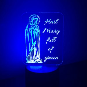 Catholic Nightlight Hail Mary Edge Lit Acrylic LED base 16 colors Remote Control USB power cord Virgin Mary prayer full grace Kid gift Saint image 1