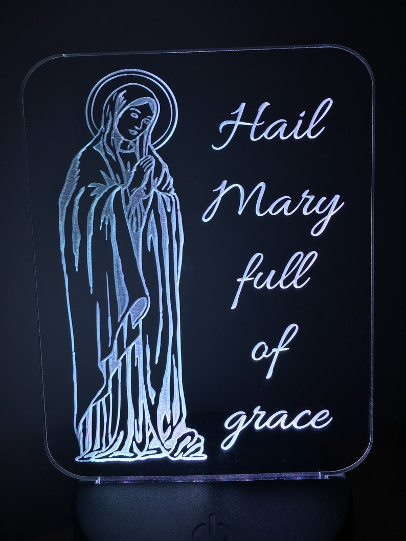 Catholic Nightlight Hail Mary Edge Lit Acrylic LED base 16 colors Remote Control USB power cord Virgin Mary prayer full grace Kid gift Saint image 2