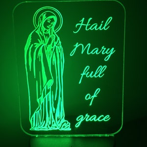 Catholic Nightlight Hail Mary Edge Lit Acrylic LED base 16 colors Remote Control USB power cord Virgin Mary prayer full grace Kid gift Saint image 10