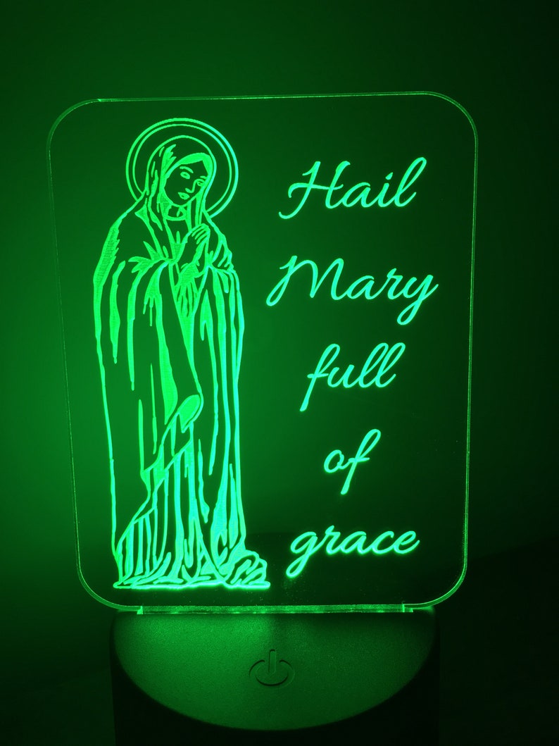 Catholic Nightlight Hail Mary Edge Lit Acrylic LED base 16 colors Remote Control USB power cord Virgin Mary prayer full grace Kid gift Saint image 10