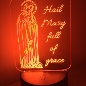 Catholic Nightlight Hail Mary Edge Lit Acrylic LED base 16 colors Remote Control USB power cord Virgin Mary prayer full grace Kid gift Saint image 9