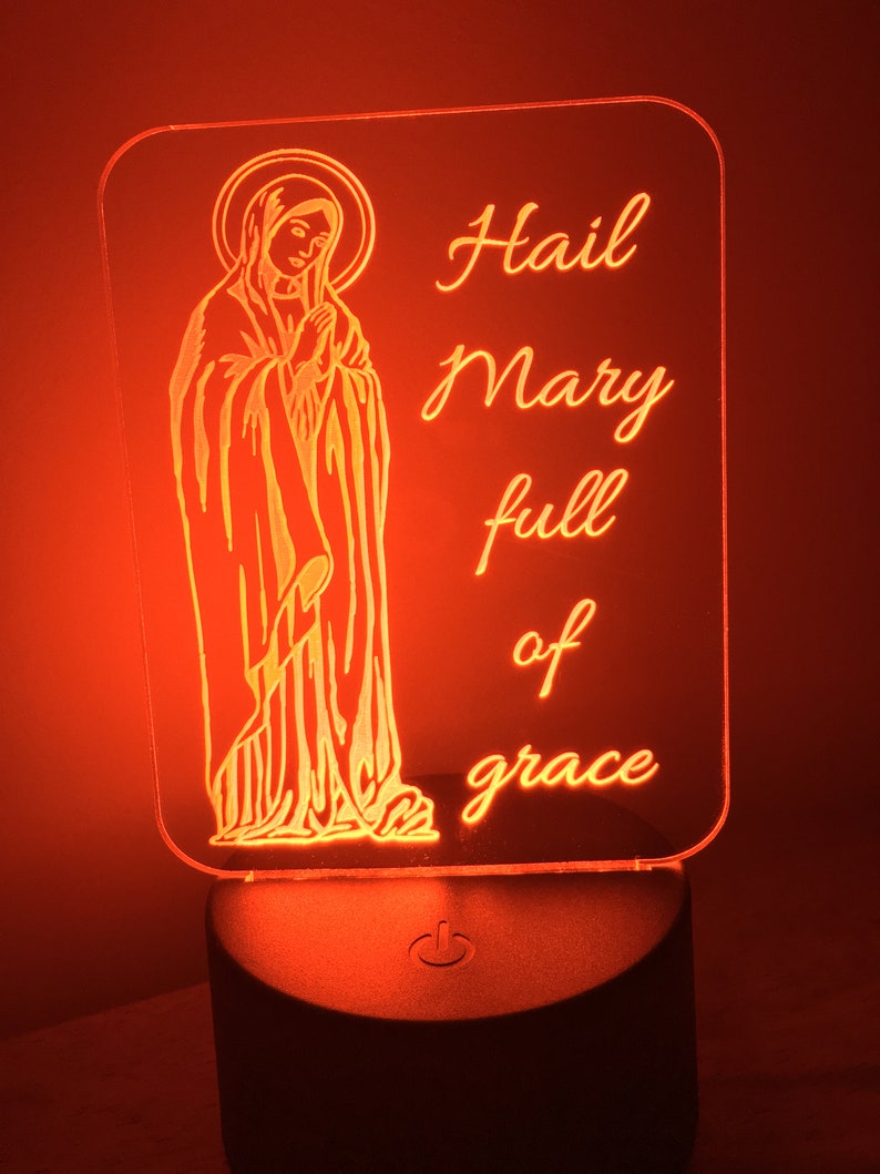 Catholic Nightlight Hail Mary Edge Lit Acrylic LED base 16 colors Remote Control USB power cord Virgin Mary prayer full grace Kid gift Saint image 9