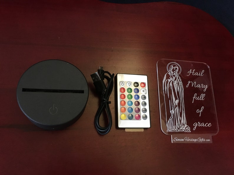 Catholic Nightlight Hail Mary Edge Lit Acrylic LED base 16 colors Remote Control USB power cord Virgin Mary prayer full grace Kid gift Saint image 5