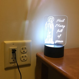 Catholic Nightlight Hail Mary Edge Lit Acrylic LED base 16 colors Remote Control USB power cord Virgin Mary prayer full grace Kid gift Saint image 3