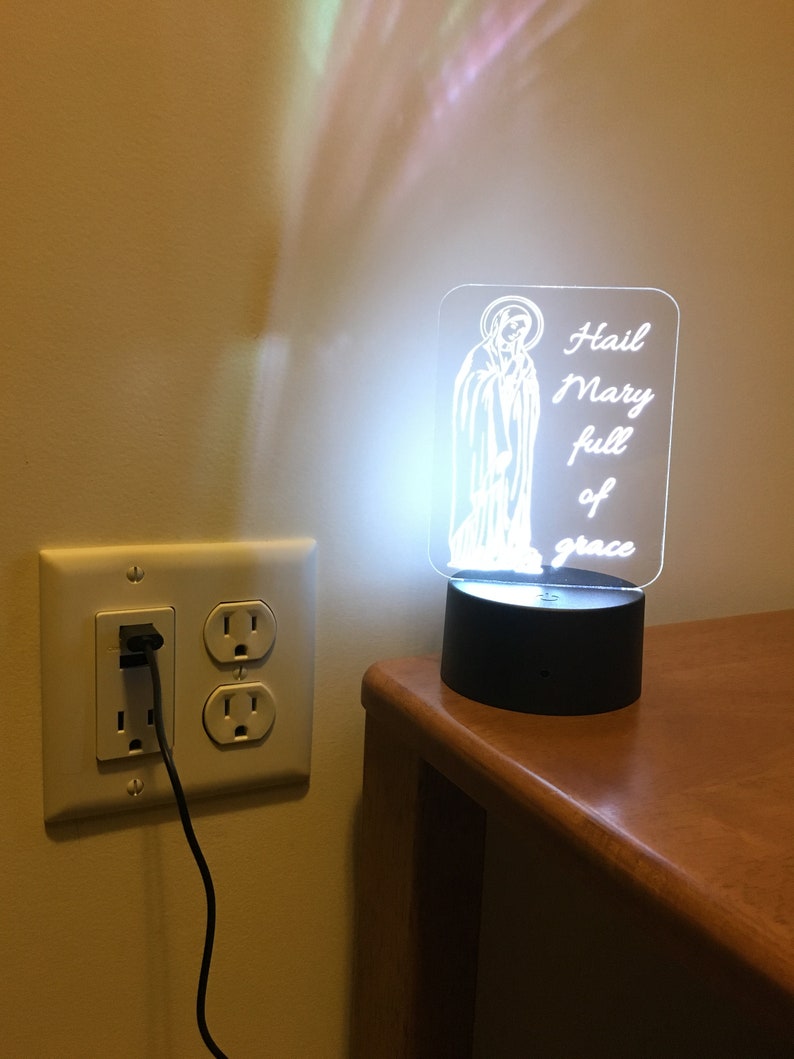 Catholic Nightlight Hail Mary Edge Lit Acrylic LED base 16 colors Remote Control USB power cord Virgin Mary prayer full grace Kid gift Saint image 3