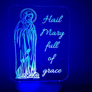 Catholic Nightlight Hail Mary Edge Lit Acrylic LED base 16 colors Remote Control USB power cord Virgin Mary prayer full grace Kid gift Saint image 8