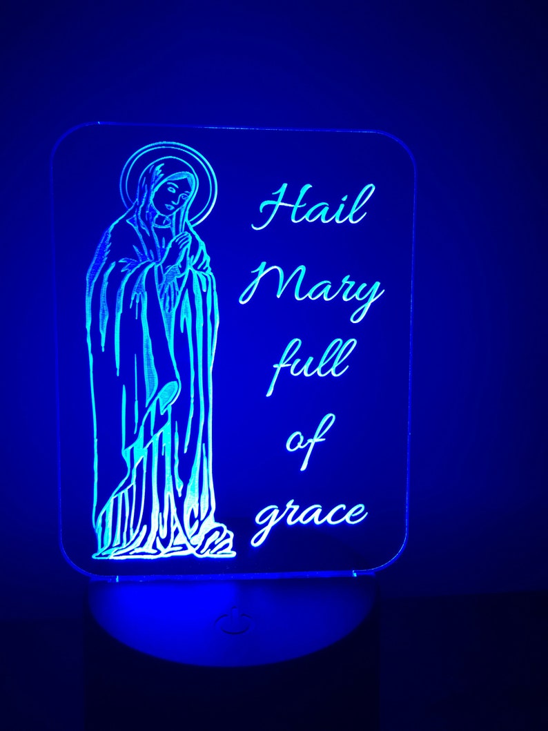 Catholic Nightlight Hail Mary Edge Lit Acrylic LED base 16 colors Remote Control USB power cord Virgin Mary prayer full grace Kid gift Saint image 8