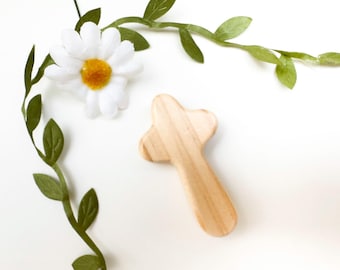 Small Wooden Holding Cross with Heart Detail, Bible Verse and Gift Bag.