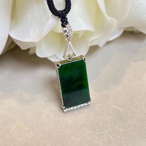 Gorgeous Green Jade, 18k White Gold Diamonds Natural Green Rectangular Jade Pendant, Natural Gemstone, Untreated Grade A Jadeite, Jade Gifts