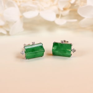 Genuine Burmese Jade Stud Earrings, Imperial Green Jade, Rare Jade Stone, 18k White Gold Earring, GRANSKY X KATHERINE, Unique Design Earring