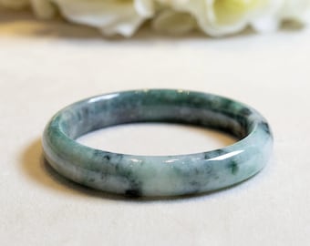 59–60mm Natural Type A Burmese Jade Bangle | Green and Black Jadeite Flat Bracelet | Authentic Burmese Jade