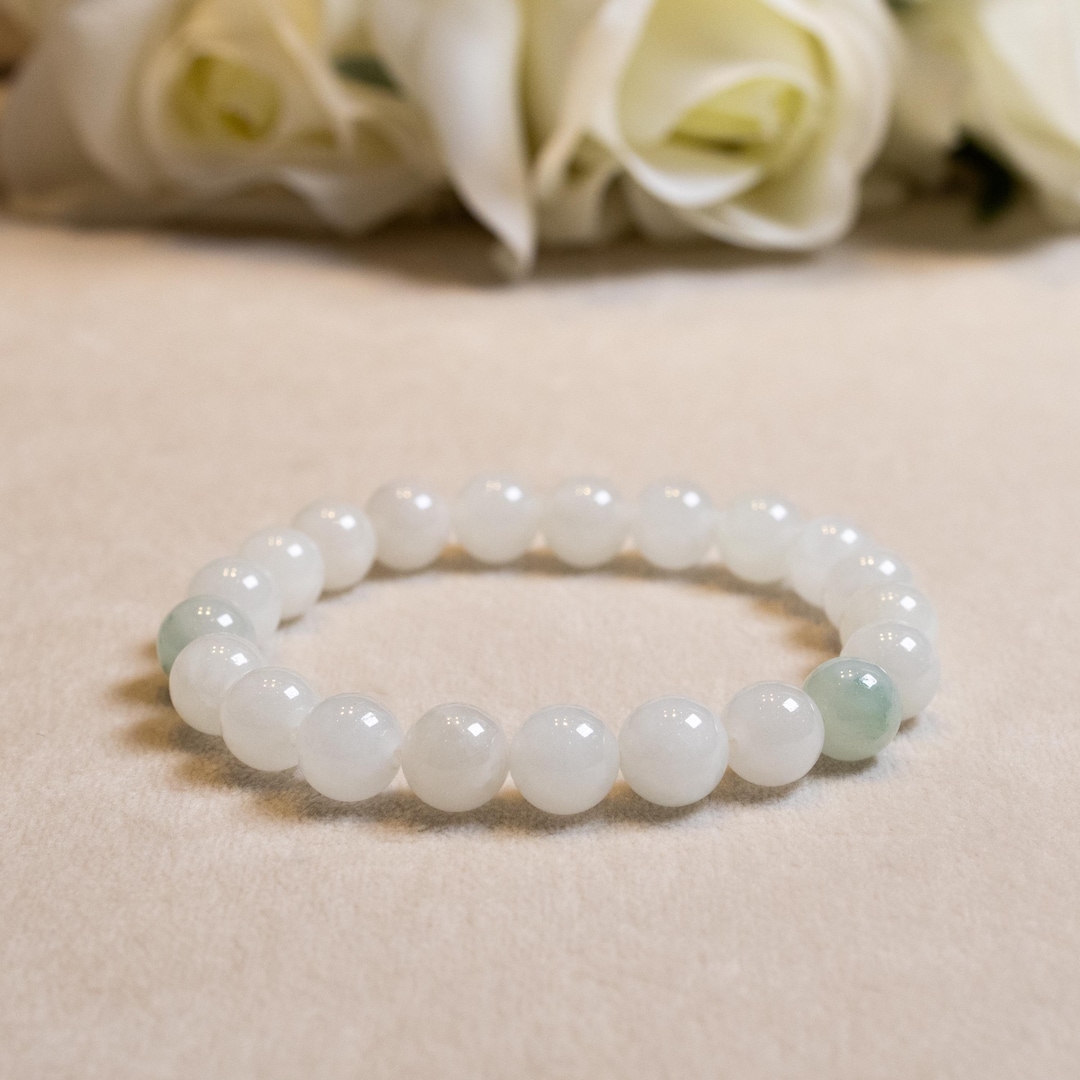 容音　天然本翡翠　ブレスレット ホワイト＆グリーン翡翠ビーズブレスレット、本物の天然翡翠宝石