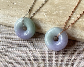 18k Solid Gold Jade Pendant Necklace, Purple Donut Jade, Real Jade Gemstone, Personalized Jewelry Gift Christmas, Green and Purple Jadeite