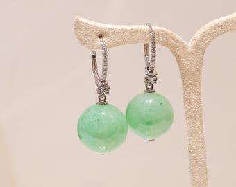 18k Gold Green Bead Earrings, Dainty Dangle Earrings, Genuine Natural Jade, White Gold and Diamond, Gift for Her, Friend&#39;s Birthday Gift
