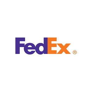 May include: The FedEx logo features the word "FedEx" in a bold, sans-serif font. The "Fed" portion is in purple, while the "Ex" is in orange. The "Ex" is styled with an arrow pointing to the right, representing forward movement and delivery.
