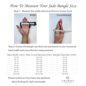 May include: A chart showing how to measure your wrist for a jade bangle. The chart includes instructions on how to measure the width and circumference of your wrist, and a table showing the corresponding bangle size in millimeters.