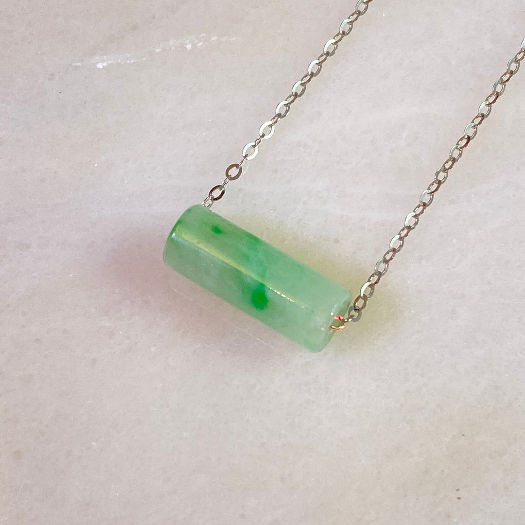 Green Jadeite Necklace, Cylindrical/cubic Jade Pendant, Grade A Real