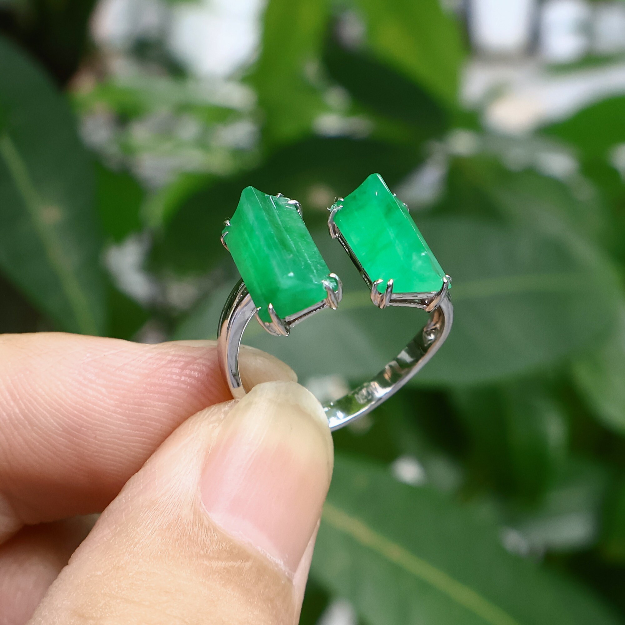 本物の翡翠リング | 18K ホワイトゴールド | 豪華なスタッキング