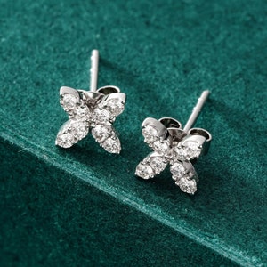 Real Diamonds Stud Earrings | 18k Cluster Diamond Earrings | Four Marquise Diamond Studs | Solid White 18K Gold | Gift for Wife/Girlfriend