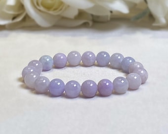 ホワイト＆グリーン翡翠ビーズブレスレット、本物の天然翡翠宝石