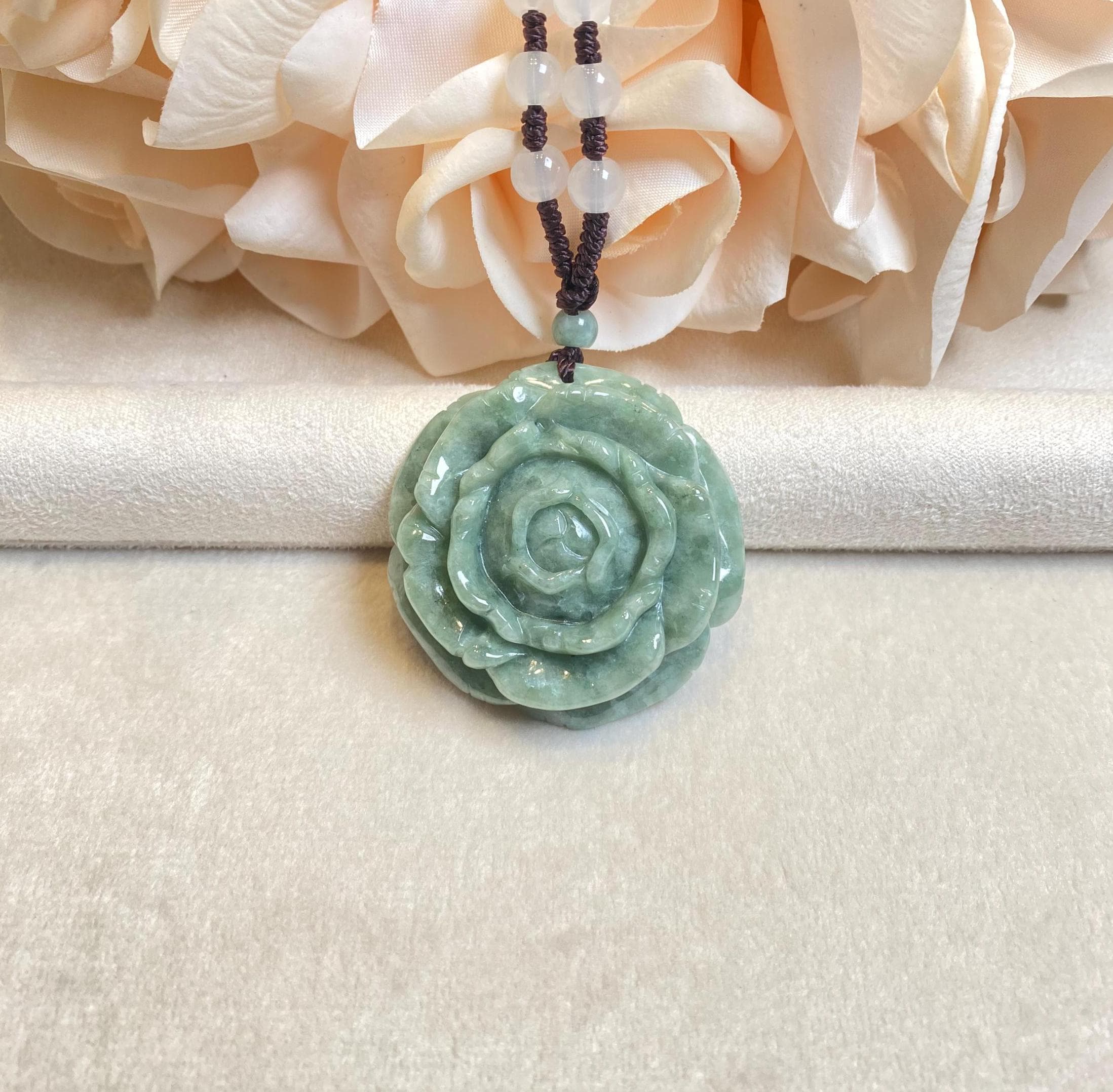 Green Jade Peony Pendant, Grade A Jadeite, Jade Jewelry, Jadeite Necklace, Carved Flower Jadeite, Nature and Plants Pendants, Bring Health