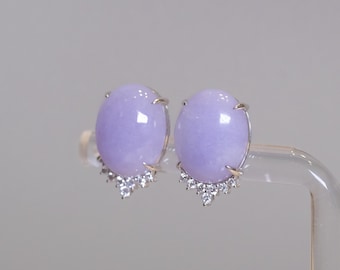 Purple Jade Stud Earrings, Natural Type-A Jadeite, 18k Solid Gold and Diamonds