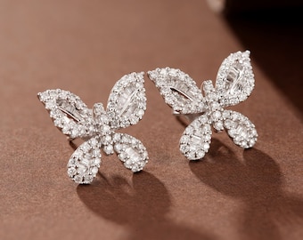 18k Gold Butterfly Earrings |  Dainty 18k Gold Diamond | Rose Gold Diamond Studs | Designer Jewelry for Girlfriend