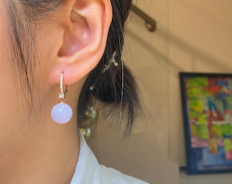 18k White/Rose Gold Purple Bead Earrings, Dainty Dangle Earrings, Genuine Natural Jade, Real Diamond, Gift for Her, Friend&#39;s Birthday Gifts