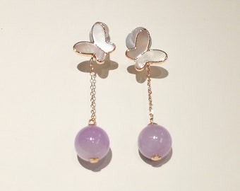 Real Purple Jade Earrings | 18k Rose Gold and Pearl Earrings | Delicate Jadeite Jewelry | Birthstone Bridal Gemstone Dangle Studs