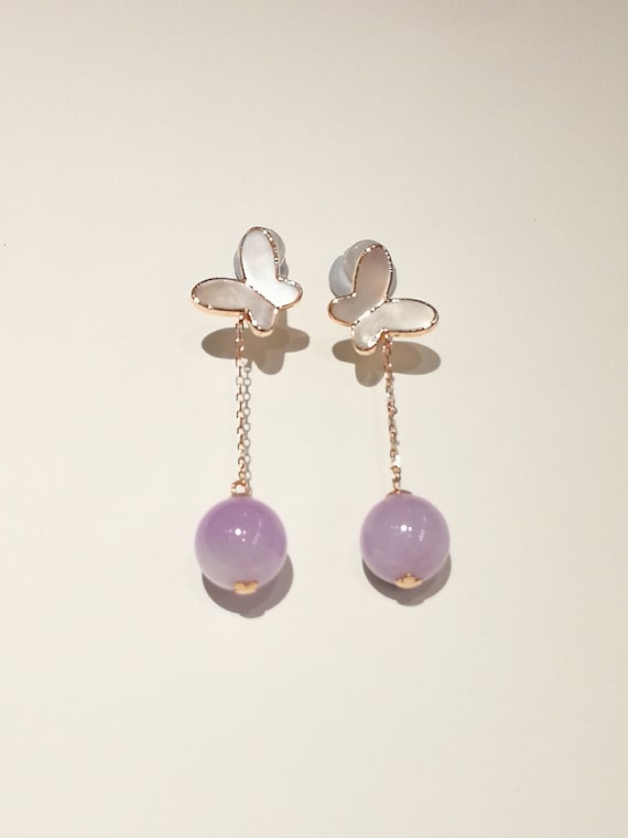 Real Purple Jade Earrings 18k Rose Gold and Pearl Earrings Delicate Jadeite Jewelry Birthstone Bridal Gemstone Dangle Studs Etsy