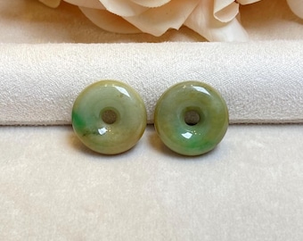 Loose Jade Beads, A Pair of Exquisite Donut Jade, Genuine Type A Jade, Hole Drilled Bead, Wholesale Gemstone, Yellow and Green Jadeite, Gift