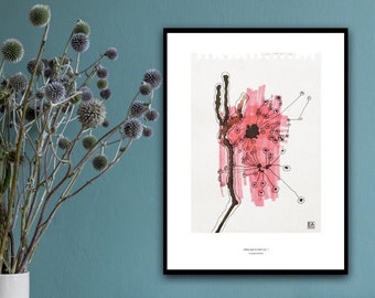 May include: A framed abstract art print featuring a pink and black floral design with delicate lines. The artwork is displayed on a wooden table with a stack of books, a small glass vase, and a white vase with dried flowers against a teal wall.
