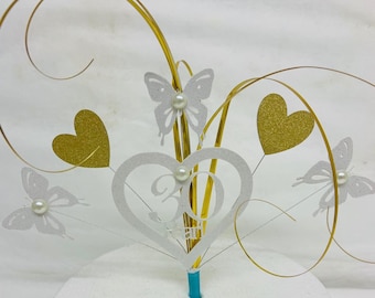 White For Cards embellished with pearls Gold Heart Anniversary Topper