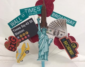 New York The Big Apple Birthday cake topper, statue of Liberty Cab street signs