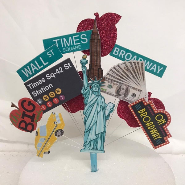 New York The Big Apple Birthday cake topper, statue of Liberty Cab street signs