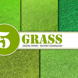 Puede incluir: Cinco texturas de papel digital de hierba verde. El texto "GRASS DIGITAL PAPER / INSTANT DOWNLOAD" está en una pancarta blanca.