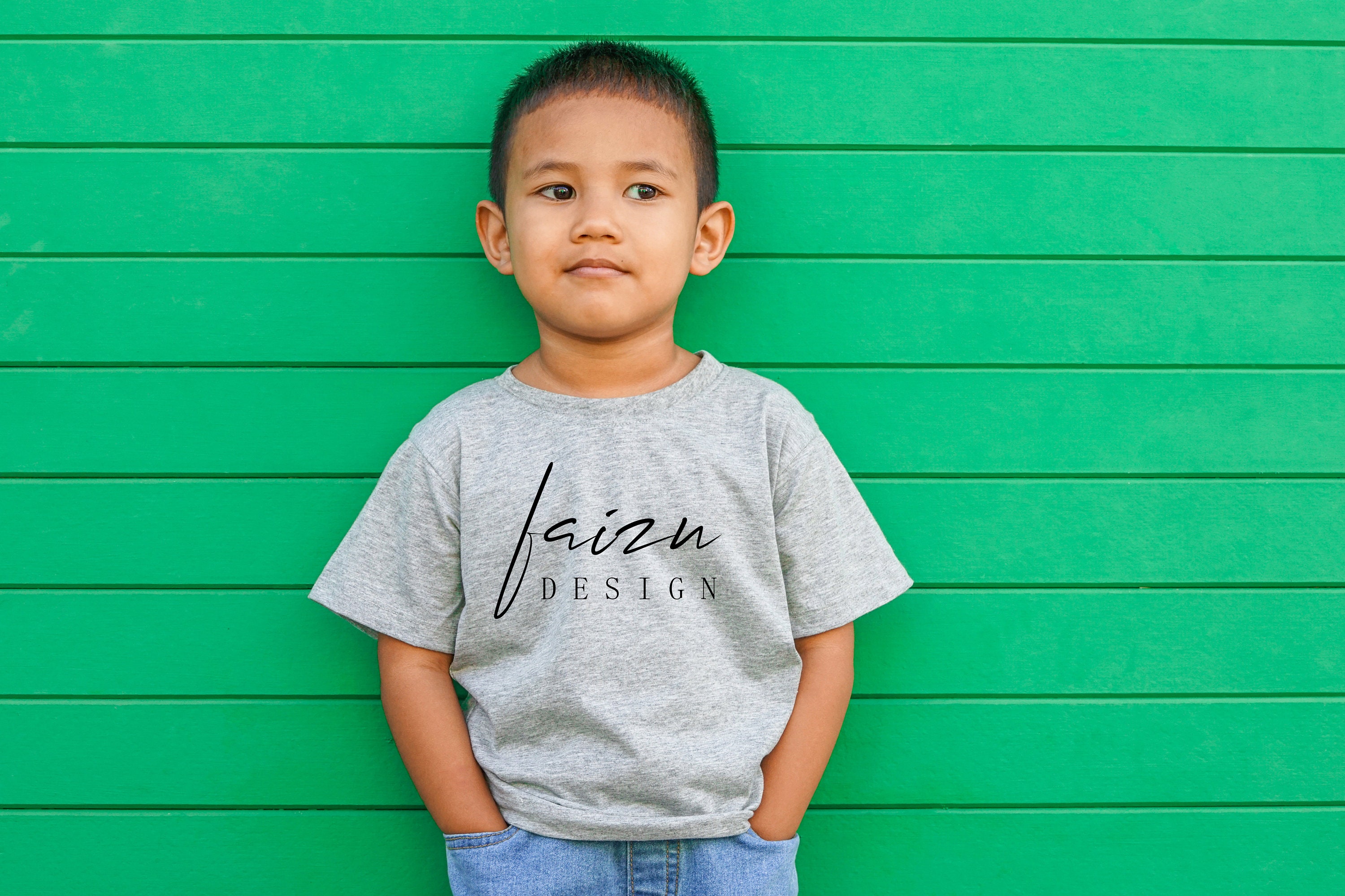 Kid model tshirt mockup grey blank tshirt with space for
