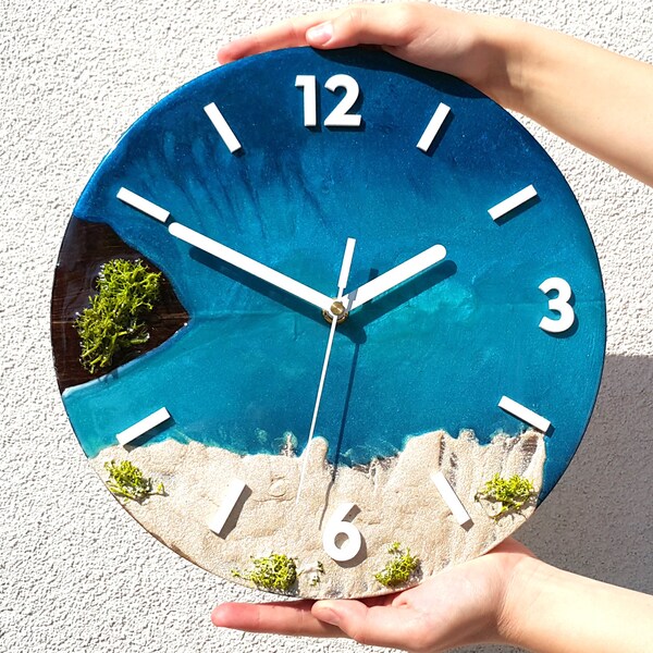 Wood Resin Clock , Resin Art , Blue Lagune , island,  Maledivy , Golden sand , Unique clock- silent 29cm/ 11.42" Limited Edition