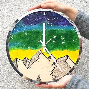 Mountain clock, stars, painted Kim, Aurora borealis, Wooden Wall Clock, Mirror 30cm/ 11.81"