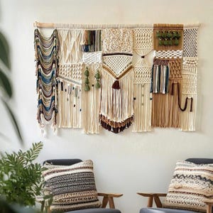 Macrame Fiber Wall Hanging For Boho And Minimalist Home Deco, Japandi Fiber Wall Art Decor, Extra Large Macrame Headboard Above Bed