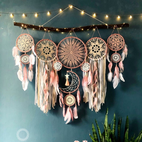 Dream catcher set of moon and stars pink bean pods bedside,  Large Dream Catcher, Dream Catcher Wall Hanging, Giant Dream Catcher,