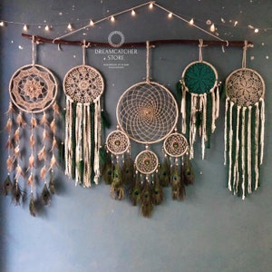 Large Dreamcatcher Set: Boho Wall Decor with Peacock Feathers
