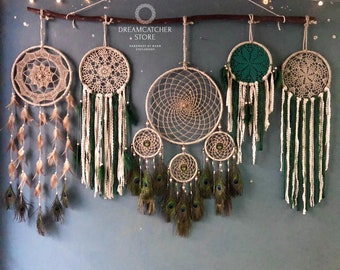 Large Dreamcatcher Set: Boho Wall Decor with Peacock Feathers