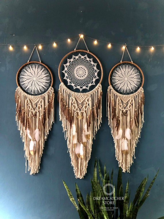 Set of 3 Dream Catchers Knitting Feathers Macrame, Unique Native  Dreamcatcher, Dreamcatcher Raw Quartz, Good Night Dream Catcher, - Etsy