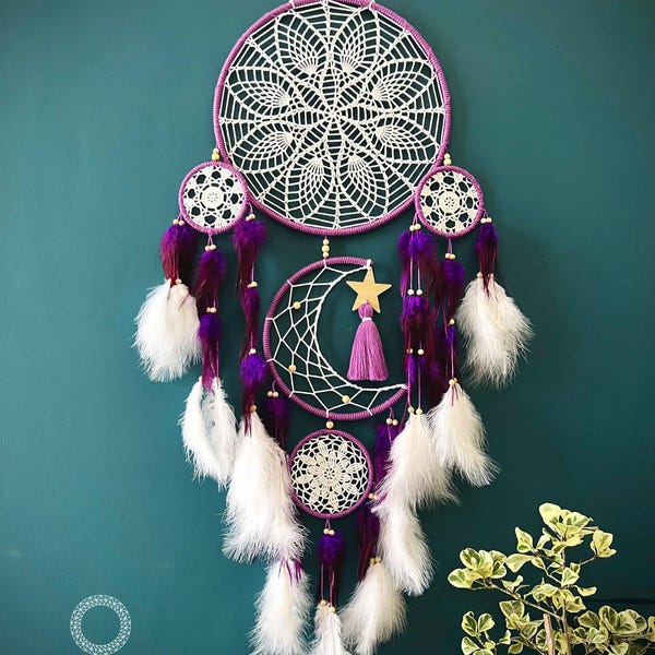 Large Moon & Stars Dreamcatcher: Boho Bedroom Wall Hanging