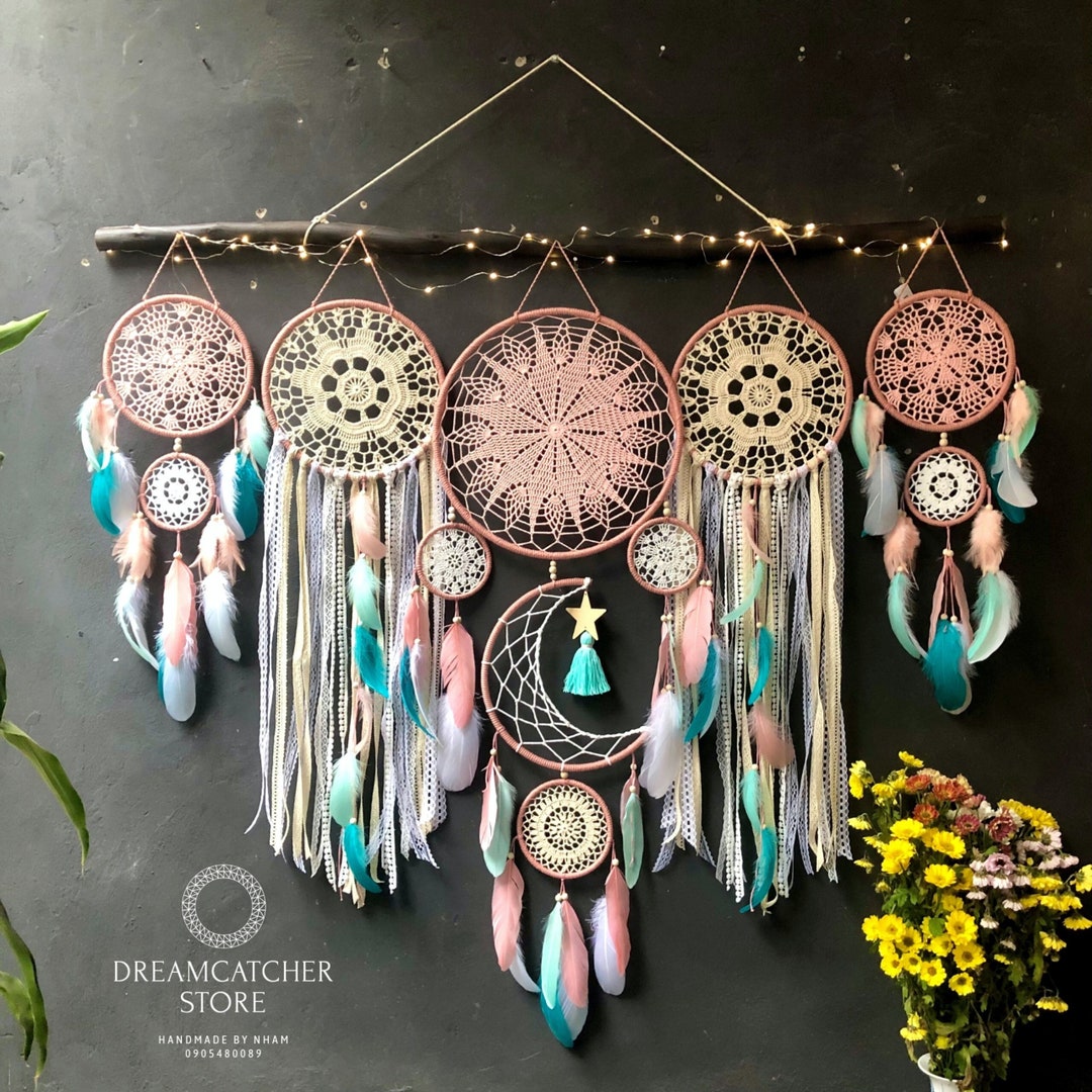 Dream Catcher Macrame Moon and Star Hanging by the Bed, Large Dream