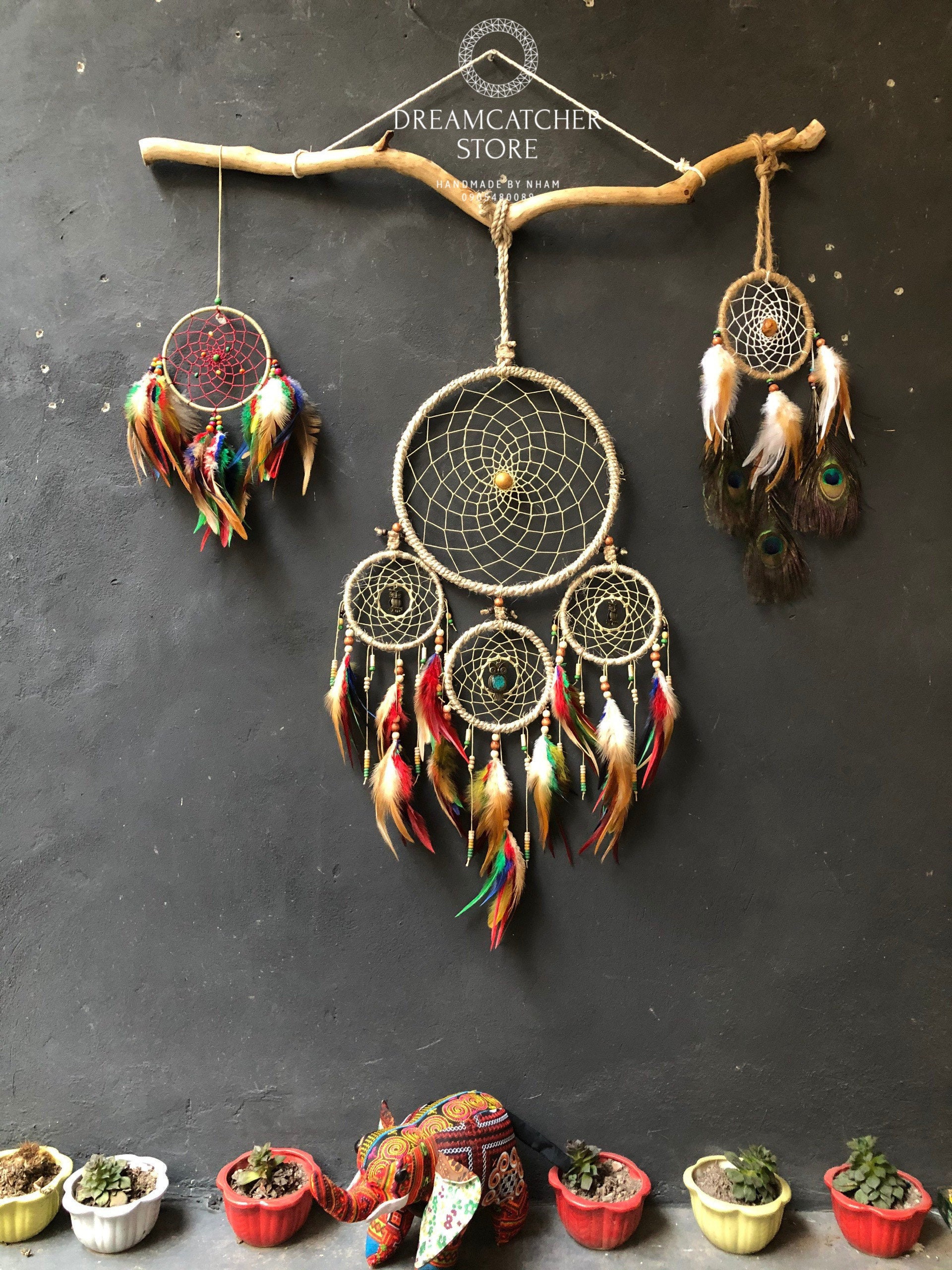 Handmade Dream Catcher Wall Decor - Rattan With Peacock Feathers & Beads, Boho Indian Decor For Bedroom - View #4