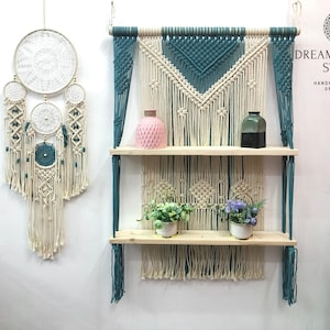 Macrame Plant Shelf: Boho Hanging Planter, Emerald Green Rope