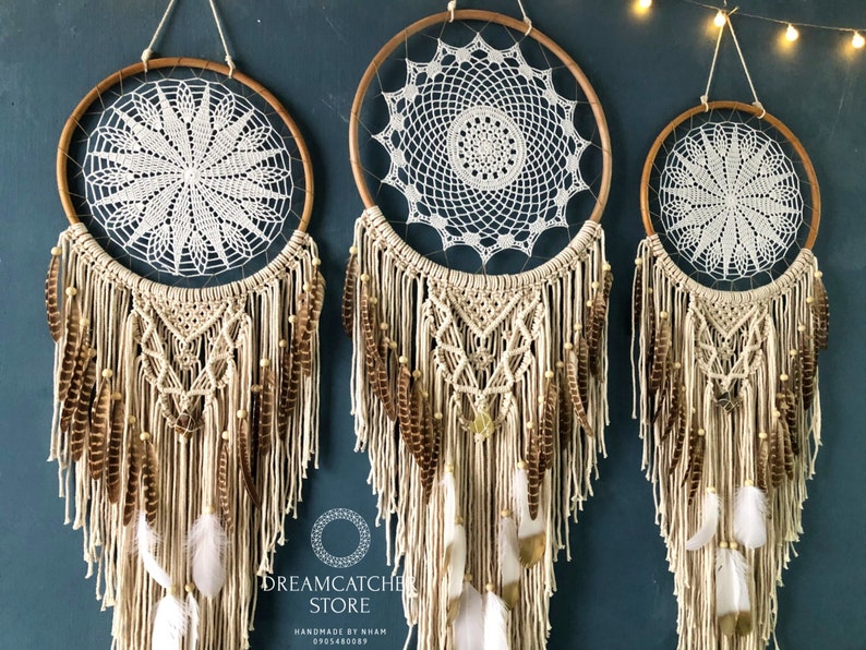 Set of 3 Dream Catchers Knitting Feathers Macrame Unique - Etsy