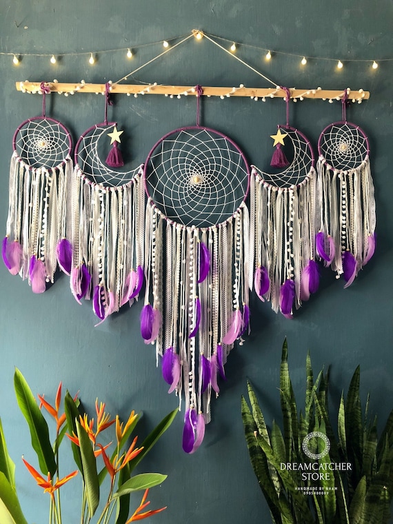 Dreamcatcher Moon and Stars Hanging Over the Bed, Large Dream Dreamcatcher Moon and Stars Hanging Over the Bed, Large Dream